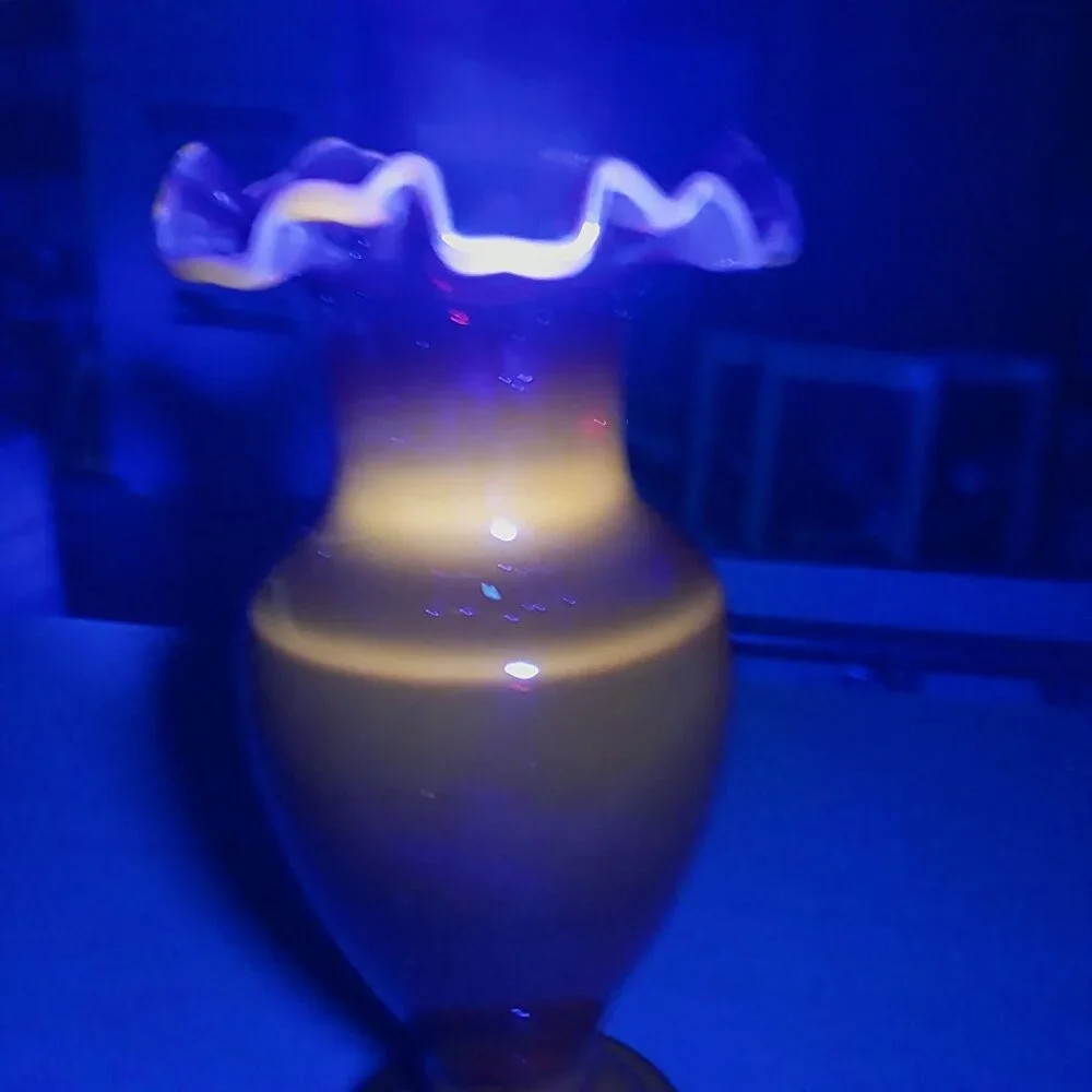 Ruby Red Amberina Glass Vase GLOWS Antique Vintage Ruffled Top